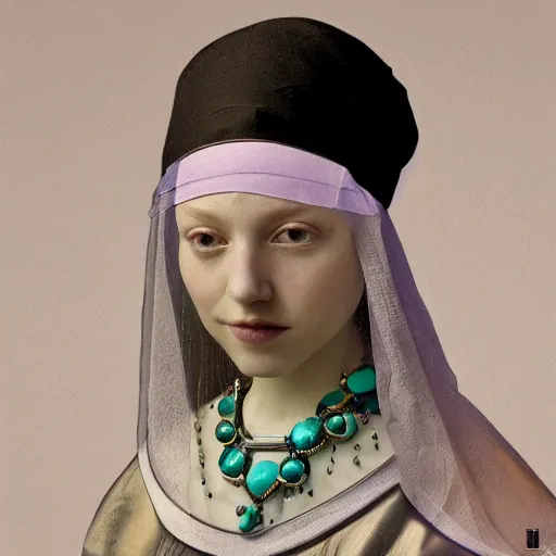 Prompt: a beautiful futuristic portrait with hat made by wires and gauze around her face, necklace made by wires, design by leonardo davinci, inspired by vermeer, modern art, baroque, jewelry, new classic, hyper realistic, highly detailed, cinematic composition, cinematic lighting, fashion design, concept art, hdri, 4 k