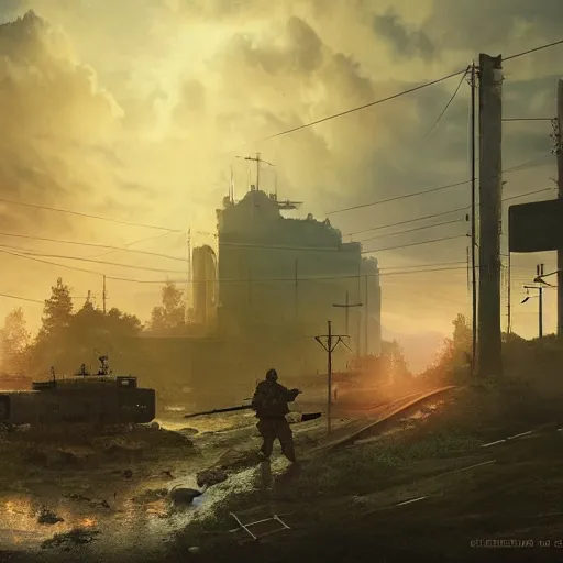 Image similar to battlefield 4 by simon stalenhag and robbert sammelin and eric persson and, 4 k, hdr, tonemapping, detailed, atmospheric, majestical lighting