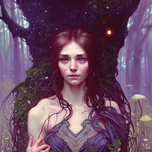 Image similar to A girl surrounded by magical mushrooms in an old forest setting with a full moon above her head, face, intricate, elegant, highly detailed, digital painting, artstation, concept art, smooth, sharp focus, illustration, art by Krenz Cushart and Artem Demura and alphonse mucha