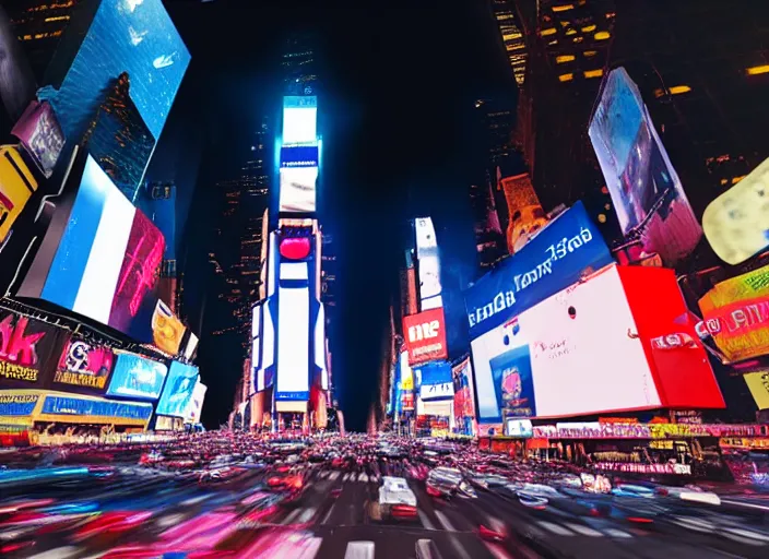 Image similar to film still of the moon shattering into pieces over time square in the new disaster movie, 8 k, night time