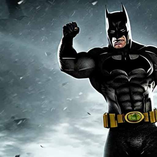 Image similar to Dwayne Johnson as batman Arkham, cinematic, epic , dramatic