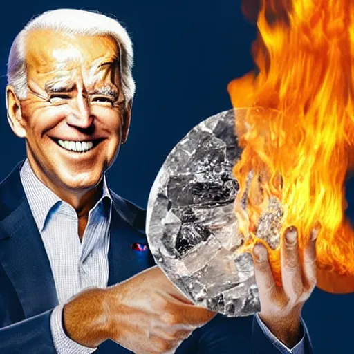 Prompt: UHD candid photo of Joe Biden holding up a big quartz crystal with Hunter Biden setting it on fire, UHD, photorealistic, correct face, photo by Annie Leibowitz
