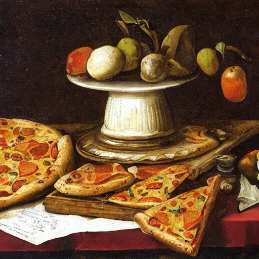 Prompt: Dutch Still Life of the 1600s, old oil painting: Table with tablecloth, pizza carton with pizza slices