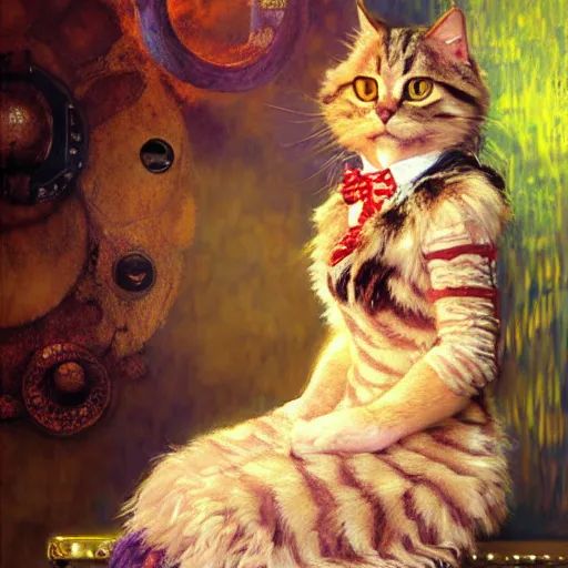 Image similar to portrait of a furry fluffy female tabby cat in a cute dress. shadowrun furaffiniy cyberpunk fantasy highly detailed painting by gaston bussiere craig mullins jc leyendecker gustav klimt artgerm greg rutkowski john berkey, bergey, craig mullins, ruan jia, raymond swanland, jeremy mann, tom lovell, alex malveda