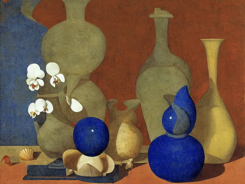 Image similar to still life with amphora, vase, seashell, orchid. lapis lazuli, malachite, cinnabar, gold. painting by piero della francesca, balthus, agnes pelton