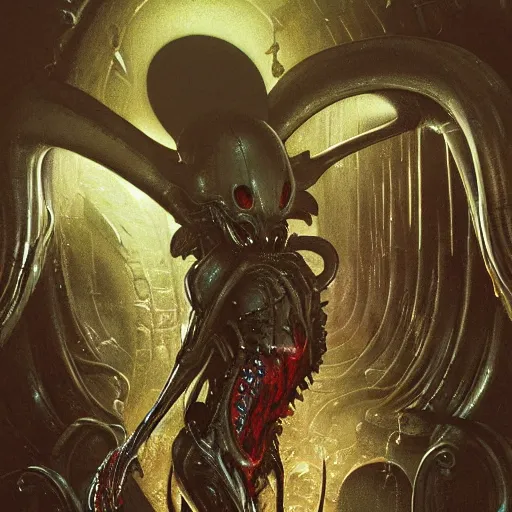 Prompt: mickey mouse xenomorph chimera lurking in dark room, wet dripping, mickey mouse ears, designed by h. r. giger, highly intricate detailed 8 k ultrarealistic octane render by artgerm and rutkowski and beksinski and mucha