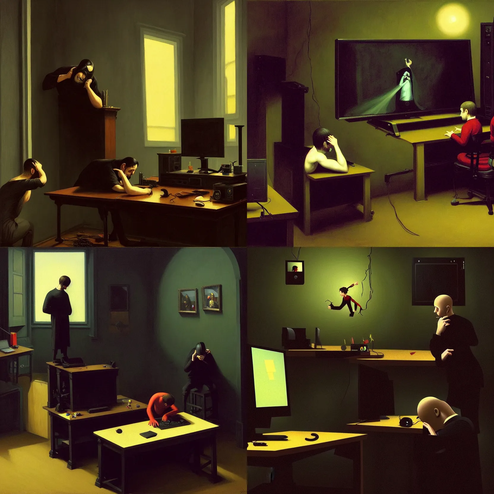 Prompt: an award - winning masterpiece gothic painting of a man committing a brutal suicide on a live stream in front of a gamer computer setup workstation, by joan cornella, by greg rutkowski, by edward hopper, dark comedy, humor, satire, trending on artstation, featured on pixiv, cinematic composition, beautiful lighting, detailed, hd,
