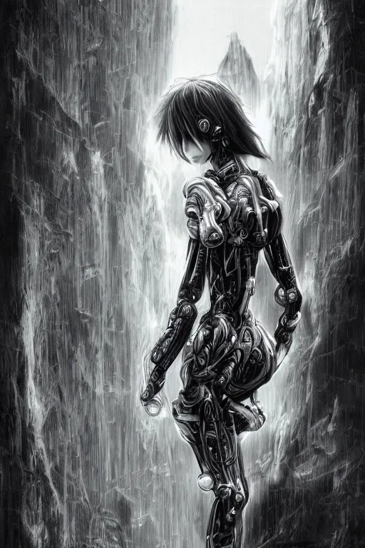 Image similar to a vertical portrait of a character in a scenic environment by Yoshitaka Amano, black and white, dreamy, cybernetic suit, wavy long black hair, highly detailed