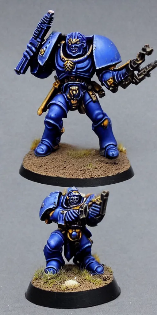 Image similar to An ultramarine who shoots a bolter at a House demon, in the background there are many other ultramarines who also open fire on demons, a very beautiful style, a style in the form of games workshop, Very detailed picture,-W 1024