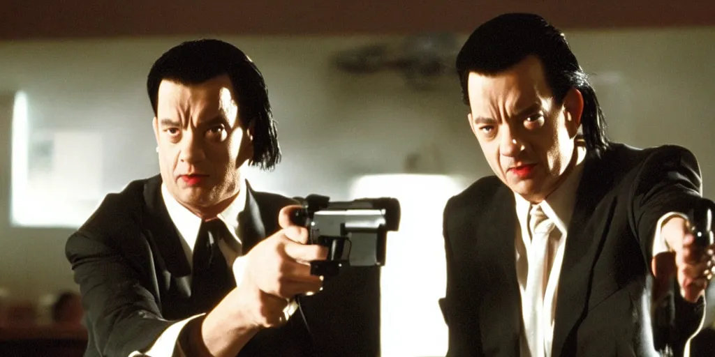 Prompt: Tom Hanks as Vincent Vega in 'Pulp Fiction 2: The Enemy Within' (2004), movie still frame