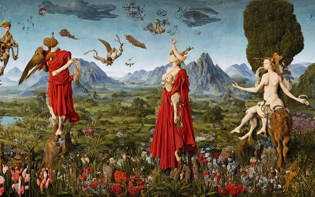 Image similar to a portrait photograph of a meditating harpy and a centaur king riding eagles and hugging animals at a river delta. surrounded by bulbous flowers, animals and trees. mountains range under a blue sky of burning stars. painted by jan van eyck, max ernst, ernst haeckel and ernst fuchs, cgsociety, artstation, fashion editorial, 8 k