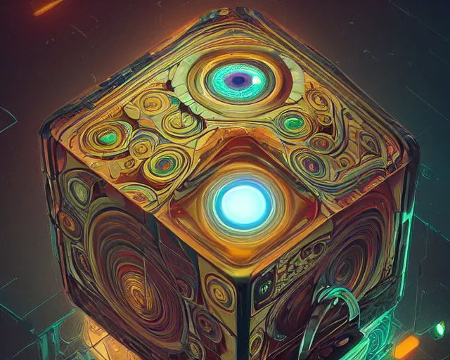 Prompt: portrait of dreamlike giant eye puzzle lock cube, intricate abstract. intricate artwork, by tooth wu, wlop, beeple, dan mumford. concept art, octane render, trending on artstation, greg rutkowski very coherent symmetrical artwork. cinematic, key art, hyper realism, high detail, octane render, 8 k, iridescent accents