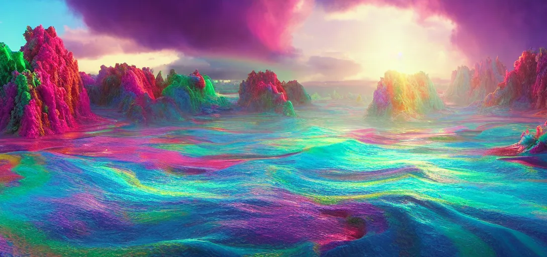 Prompt: surrealistic render of a candy landscape, sugar dust, colourful liquid river, iridescent cloudy skies, waves, reflections, refractions, caustics, dappled light, cinematic lighting, ultra detailed, sharp, ambient occlusion, raytracing, 3 d artstation render by greg rutowski, finnian macmanus and jessica rossier