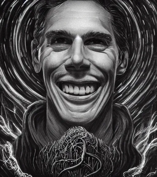 Prompt: profile picture of lovecraftian smiling jerma, surrounded by beams of light dark background by wayne barlow, stanley donwood, anton semenov, zdzislaw bekinski, hr giger, 8 k, fantasy, dark, highly detailed