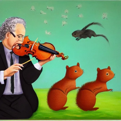 Image similar to An oil painting of Itzhak Perlman performing with a symphony of squirrels.