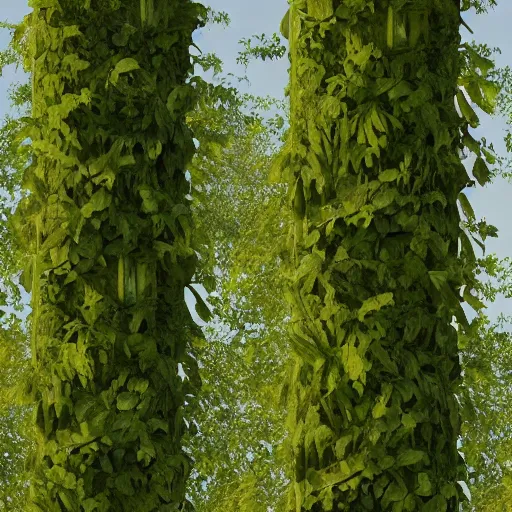 Prompt: photo realistic, high level of detail, high resolution : ( subject = steel pillar + ( object = vines + object detail = green, lush ) + subject detail = red, faint glow, very tall, towering ) + ( perspective = diminishing scale + low focal point, low focus distance, low angle shot )