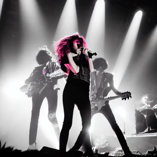 Prompt: maneskin playing at colosseum in rome, dark, crowd, 4 k