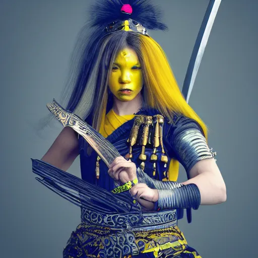 Prompt: photorealistic portrait of a beautiful, female samurai warrior, holding sword in right hand, fighting body position, goth punk, vibrant yellow, blue, colors, surreal, a french baroque by by alexander mcqueen, octane render, hyper detailed, cinematic lighting