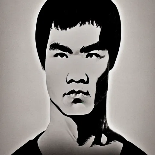 Prompt: portrait of bruce lee, in style of think different poster, highly detailed, symmetry, hyper realistic