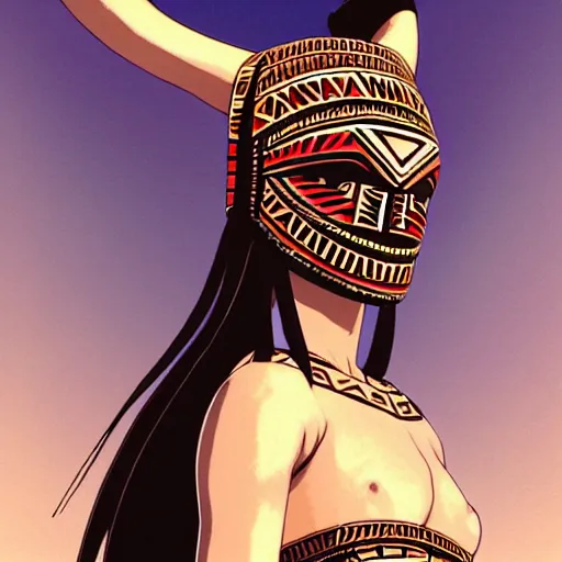 Image similar to beautiful boyish natalie portman alluring gravure model, wearing aztec wooden mask helmet cap and leotard, elegant bulky aztec football gear subtle mayan patterns, elegant aztec bathing suit, gapmoe yandere grimdark, trending on pixiv fanbox, painted by greg rutkowski makoto shinkai takashi takeuchi studio ghibli, akihiko yoshida