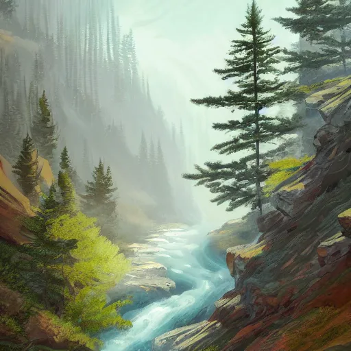 Image similar to mountain valley dotted with pine trees with a stream flowing through it, by joar jakobsson, detailed digital painting, concept art, brushstrokes, elegant, calming, serene, 8 k