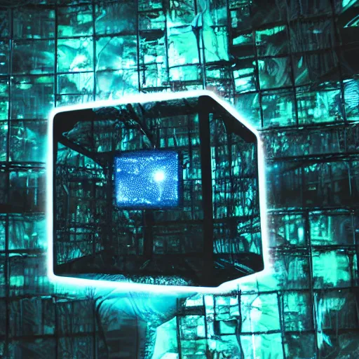 Prompt: glowing translucent cube in las pozas, cyberpunk, dark room, science fiction magazine, cut out collage, 4 k close up, wide angle