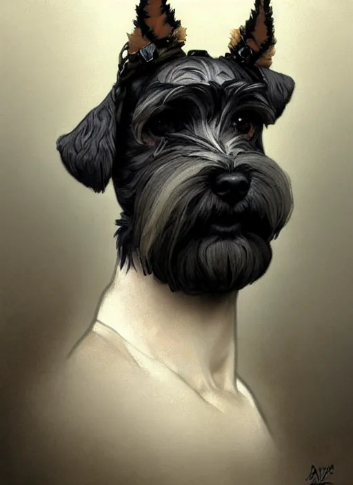 Image similar to portrait of stoic looking miniature schnauzer, military uniform, black fir, white eyebrows, fantasy, intricate, elegant, highly detailed, centered, dark, smokey, digital painting, artstation, concept art, smooth, sharp focus, illustration, art by artgerm and greg rutkowski and alphonse mucha