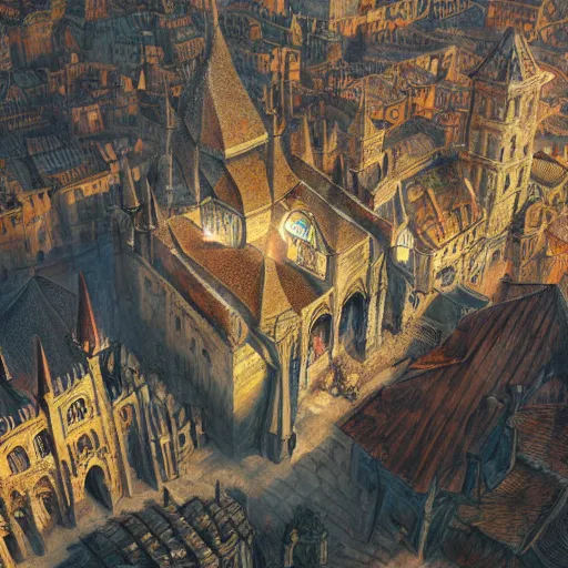 Image similar to a medieval city with temple, market, palace, tavern, beautiful, detailed, temple, market, palace, tavern, concept art illustration, color page, tone mapping, akihiko yoshida, james jean, andrei riabovitchev, marc simonetti, digital illustration, greg rutowski, volumetric lighting, sunbeams, particles