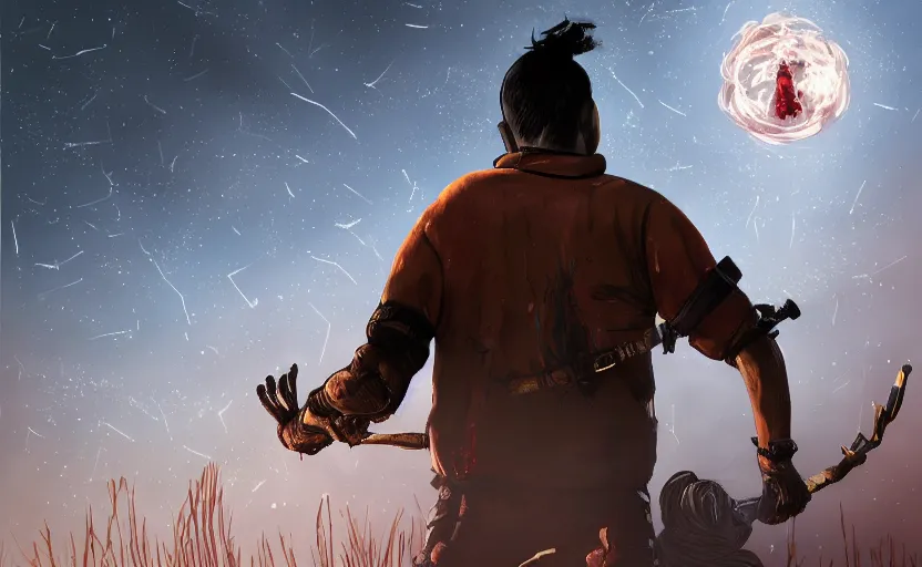 Image similar to view from behind a dead by daylight killer as he reaches up to a night sky, stars are aligning, character portrait, digital art