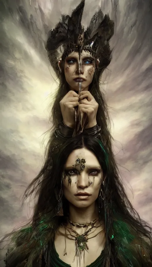 Image similar to epic masterpiece portrait of a dark sorceress with a magic wand, on the battlefield, tribe makeup and jewelry, sweaty skin, hyperrealistic, octane render, cinematic, followed by heads with many faces, beautiful face and flawless skin, perfect hands, emeralds by Edgar Maxence and Ross Tran and Michael Whelan, Legends of Runeterra