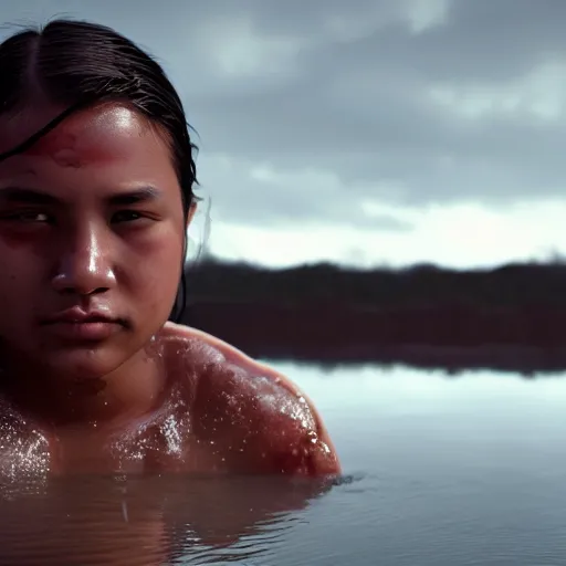 Image similar to hyperrealistic film full body still of young native american bathing in river, inspired by istvan sandorfi & greg rutkowski & unreal engine, perfect facial symmetry, dim volumetric cinematic lighting, 8 k octane comprehensive render, extremely hyper - detailed, incredibly lifelike attributes, intricate, real flesh texture, masterpiece, artstation, stunning,