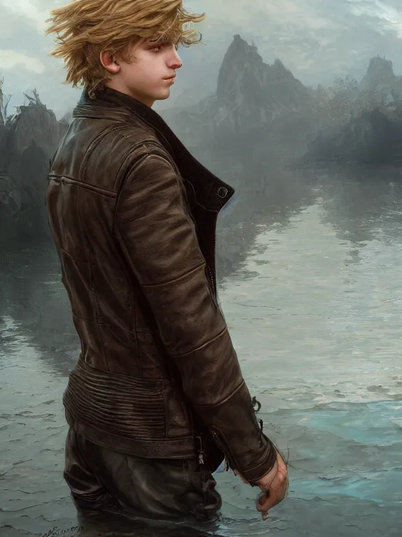 Image similar to a beautiful and detailed matte painting of a young blonde male teenage boy wearing a leather jacket walking on water, fantasy, d & d, dark eyeliner, intricate, elegant, highly detailed, digital painting, artstation, concept art, matte, sharp focus, illustration, art by greg rutkowski and alphonse mucha