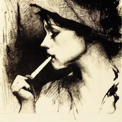 Image similar to anders zorn etching. damsel smoking a long cigarette. ink