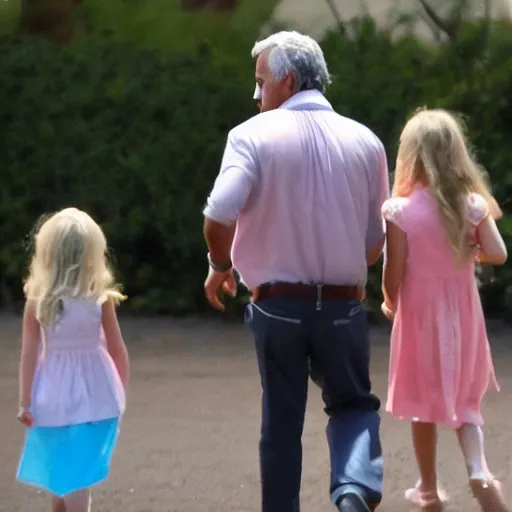 Prompt: jeffrey epstein walking two little girls into the sunset