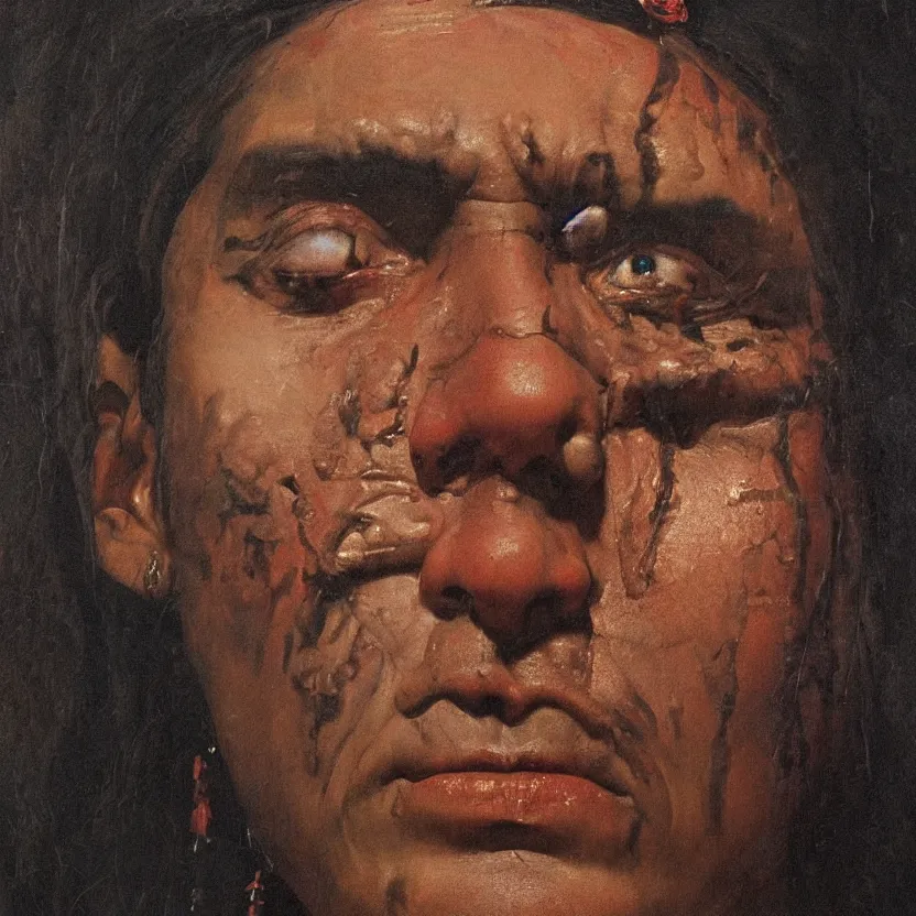 Prompt: a baroque neoclassicist close - up portrait of a native american wearing warpaint. head, face and shoulders, foggy background. renaissance portrait painting. highly detailed science fiction painting by norman rockwell, frank frazetta, and syd mead. rich colors, high contrast, gloomy atmosphere, dark background. trending on artstation.