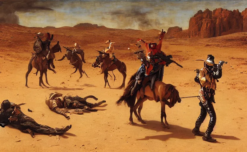 Prompt: a cowboy shootout on mars by edgar maxence and caravaggio and michael whelan and delacroix style, artistic, intricate painting, cinematic lighting, hyper realistic, extremely detailed, establishing shot, 8 k resolution, dramatic lighting