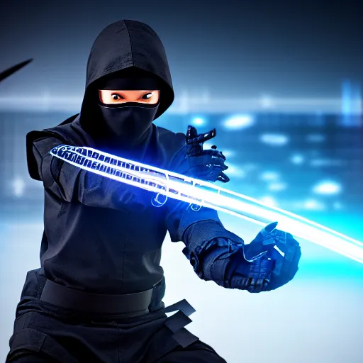 Image similar to photo of a cyber ninja with high tech weapons, highly detailed, 4k, HDR,