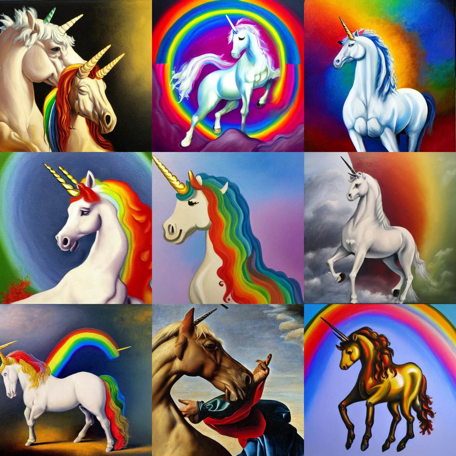 Prompt: oil painting of a unicorn on a rainbow in the style of caravaggio