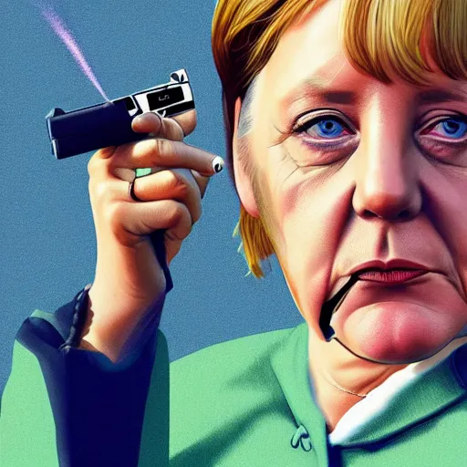 Prompt: Angela Merkel in GTA V, holding gun, smoking cigarette, cover art by Stephen Bliss, artstation, no text