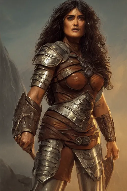 Prompt: portrait, Salma Hayek , barbarian , dressed in steel armor, face portrait, raphael lacoste, eddie mendoza, alex ross, concept art, matte painting, highly detailed, rule of thirds, dynamic lighting, cinematic, detailed, denoised, centred