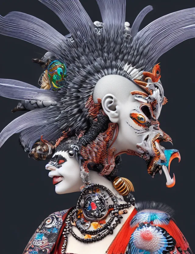 Image similar to 3 d goddess close - up profile portrait punk with mohawk with ram skull. beautiful intricately detailed japanese crow kitsune mask and clasical japanese kimono. betta fish, jellyfish phoenix, bio luminescent, plasma, ice, water, wind, creature, artwork by tooth wu and wlop and beeple and greg rutkowski