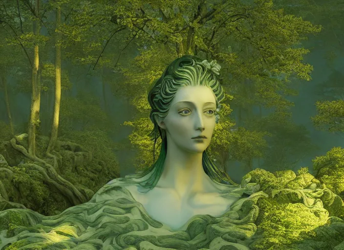 Prompt: a portrait of idealistic marble statue with fractal flowery hair and fair porcelain face and green eyes, in a magical forest, painted by, mc escher, gordon onslow ford, georgia o'keeffe and ivan aivazovsky, cinematic light, god rays, colourful, unreal engine, zbrush central,