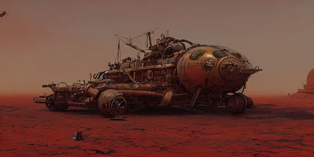 Image similar to steampunk hovercraft in a red desert, greg rutkowski, 8 k, shallow depth of field, intricate detail, concept art,