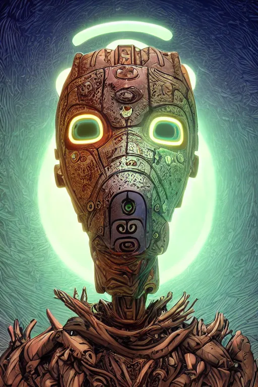 Image similar to tribal vodoo mask eye radiating a glowing aura global illumination ray tracing hdr fanart arstation by ian pesty and katarzyna da „ bek - chmiel that looks like it is from borderlands and by feng zhu and loish and laurie greasley, victo ngai, andreas rocha, john harris wooly hair cut feather stone