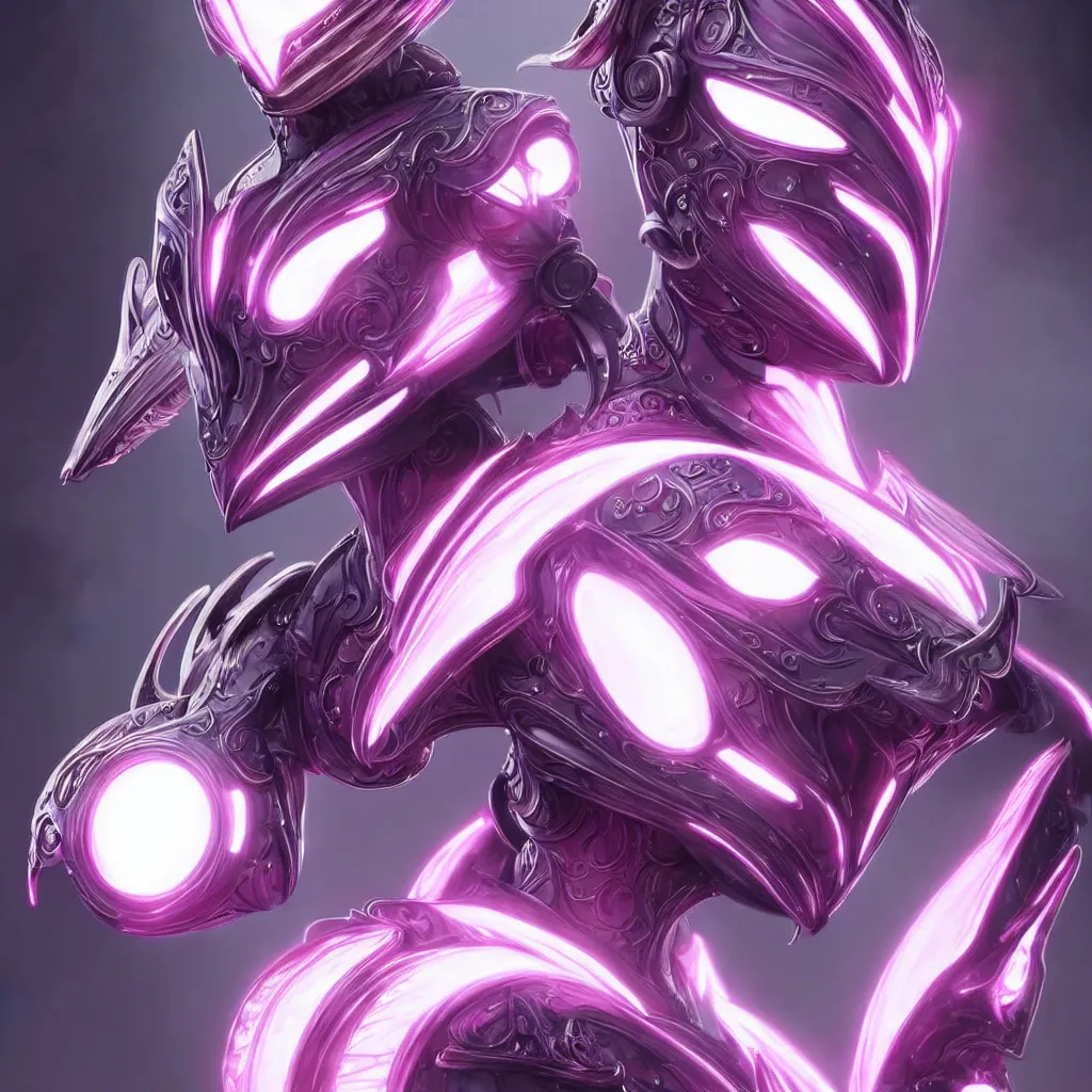 Image similar to highly detailed exquisite fanart, of a beautiful female warframe, but as an anthropomorphic robot female dragon, glowing eyes and robot dragon head, off-white plated armor, bright Fuchsia skin, royal elegant pose, close-up bust shot torso up, epic cinematic shot, realistic, professional digital art, high end digital art, sci fi, DeviantArt, artstation, Furaffinity, 8k HD render, epic lighting, depth of field