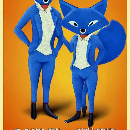 Image similar to realistic movie poster, featuring in anthropomorphic blue male foxes dressed cool, promotional movie poster print