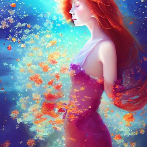 Prompt: portrait Ginger woman in a swirling sundress of flowers, underwater, floral explosion, radiant light, vortex of plum petals, by WLOP and artgerm, artstation, deviantart