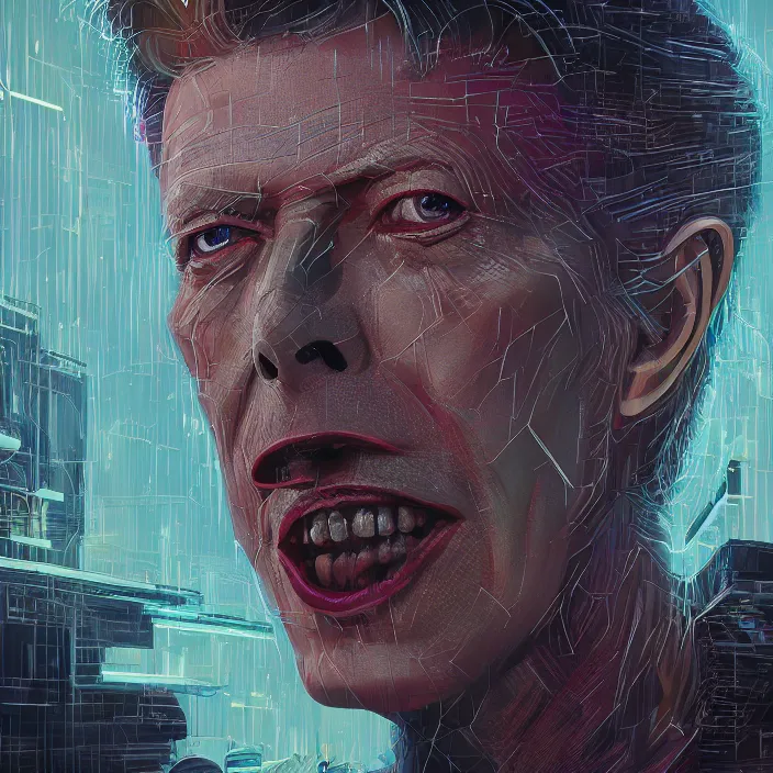 Image similar to David Bowie. intricate artwork. by Tooth Wu, wlop, beeple, dan mumford. concept art, smooth, sharp focus, high detail, octane render, 8k, iridescent accents, deep blacks