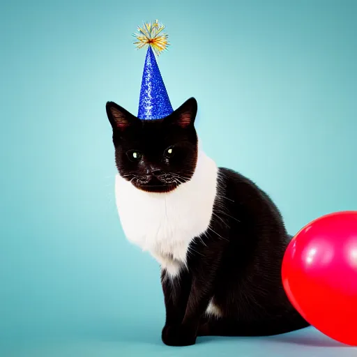 Image similar to a photo of a very cute cat wearing a birthday party hat, studio portrait, back background with fireworks. portrait.