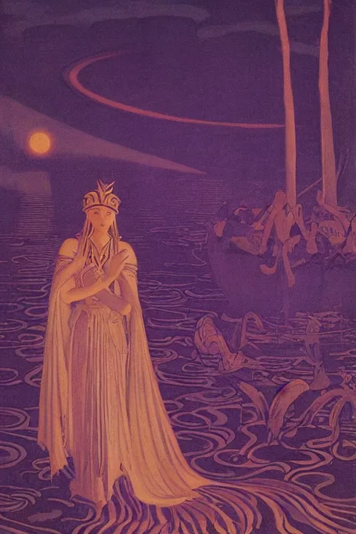 Image similar to queen of the night river, by Nicholas Roerich and jean delville and Maxfield Parrish, dramatic cinematic lighting , ornate headdress , lost civilizations, extremely detailed